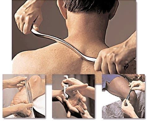 A Graston instrument on a patient's upper back, with smaller photos of it in use on a foot, a hand and a forearm.